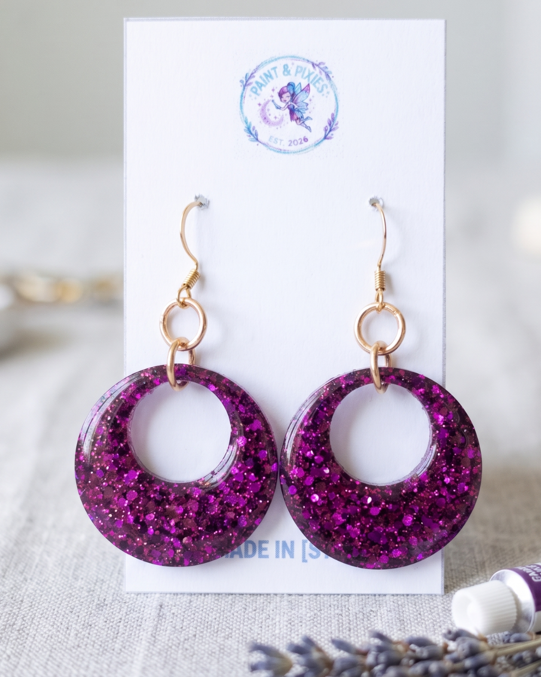 Enchanted Plum Sparkle Resin Hoop Earrings
