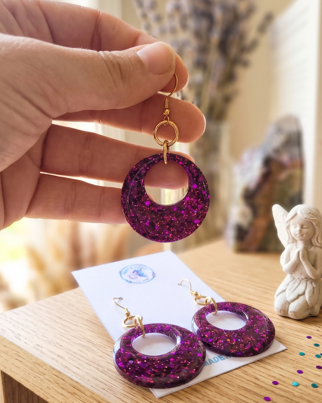 Enchanted Plum Sparkle Resin Hoop Earrings