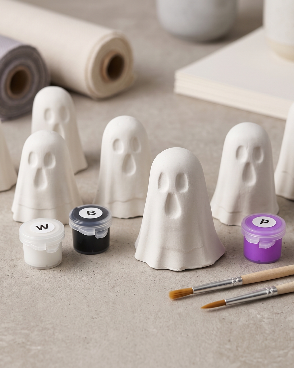 DIY Halloween Paint Kit - 2 Plaster Ghost Figurines with Paint Brushes & Neon Purple Paint