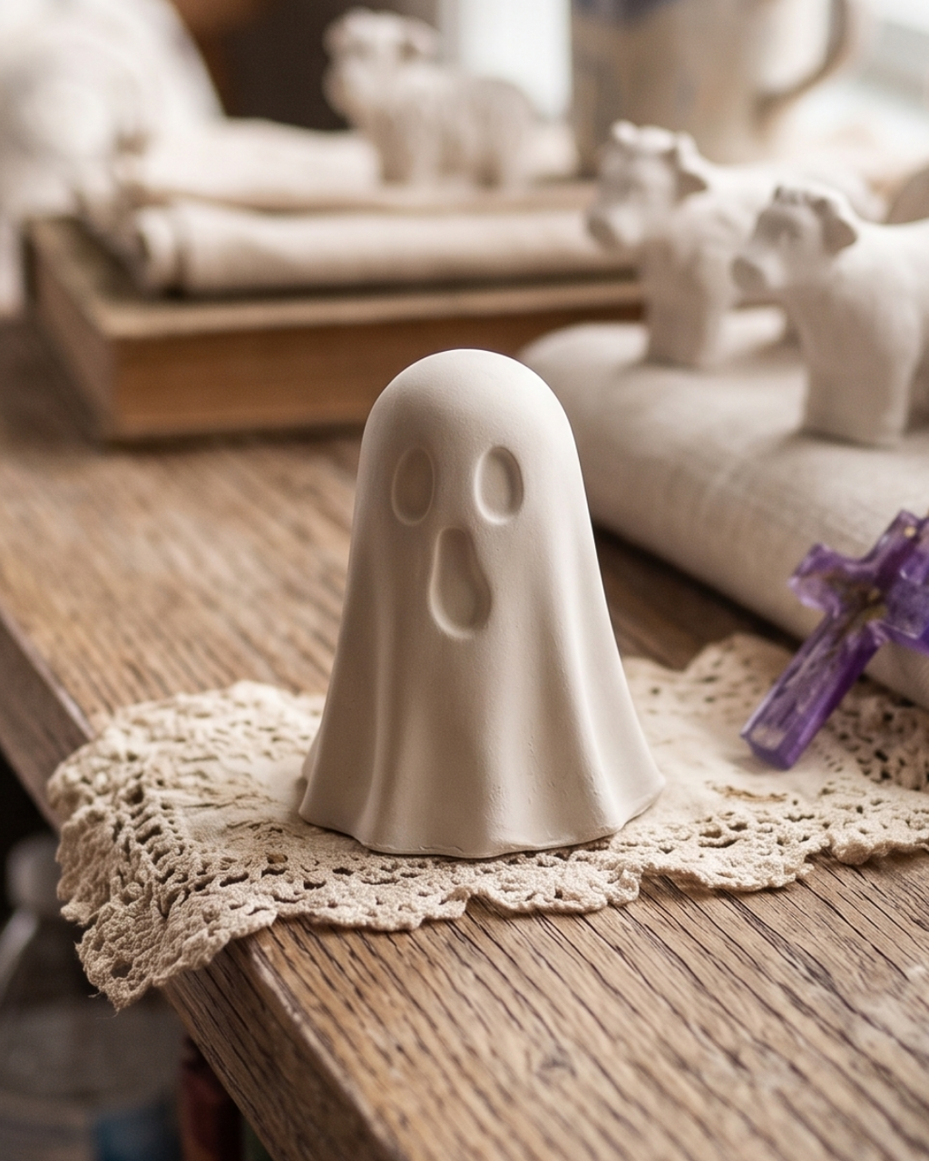 DIY Halloween Paint Kit - 2 Plaster Ghost Figurines with Paint Brushes & Neon Purple Paint