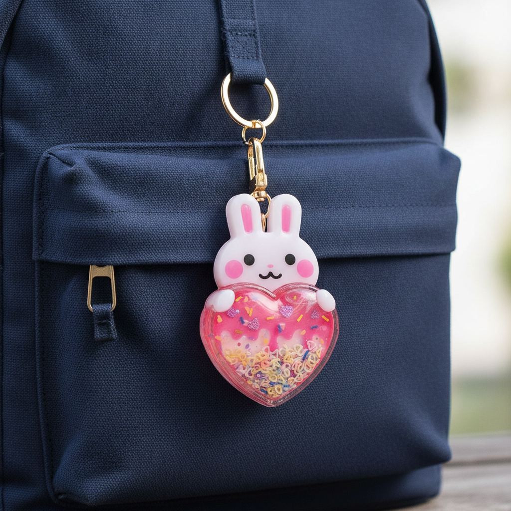 Handmade Bunny Resin Shaker Keychain - Ice Cream Design with Glitter Charm