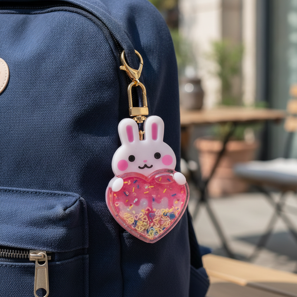 Handmade Bunny Resin Shaker Keychain - Ice Cream Design with Glitter Charm