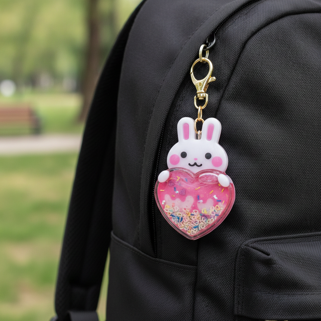 Handmade Bunny Resin Shaker Keychain - Ice Cream Design with Glitter Charm