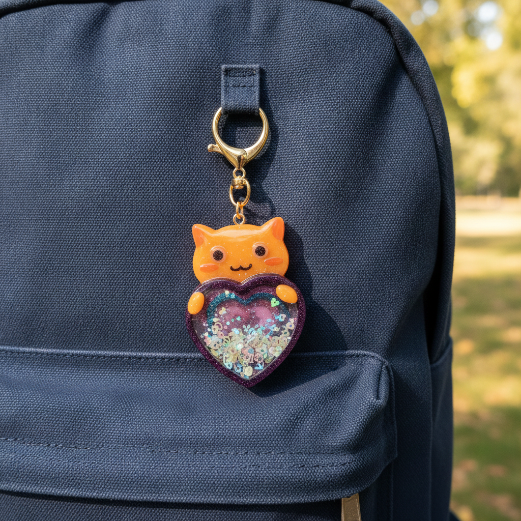 Handmade Cat Resin Shaker Keychain - Purple Multi-Heart Design with Glitter Charm
