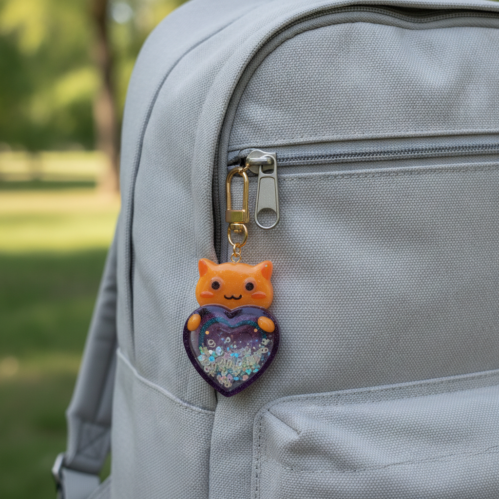 Handmade Cat Resin Shaker Keychain - Purple Multi-Heart Design with Glitter Charm