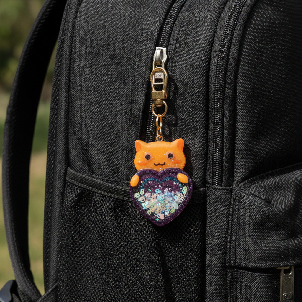 Handmade Cat Resin Shaker Keychain - Purple Multi-Heart Design with Glitter Charm