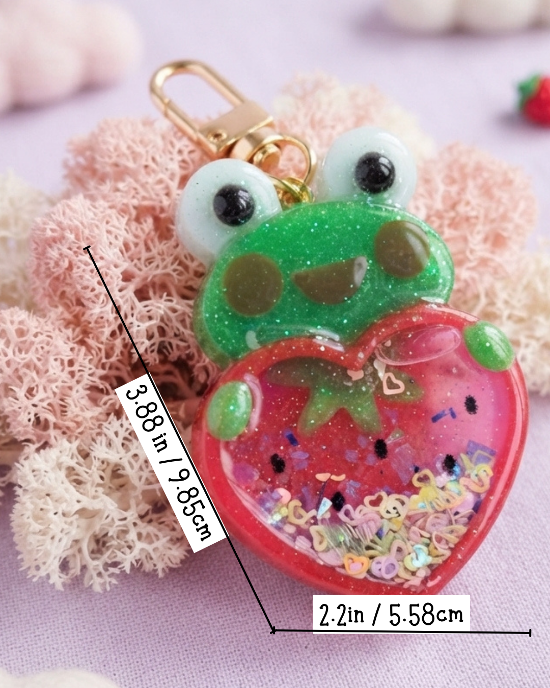 Handmade Frog Resin Shaker Keychain - Pink Strawberry Design with Glitter Charm