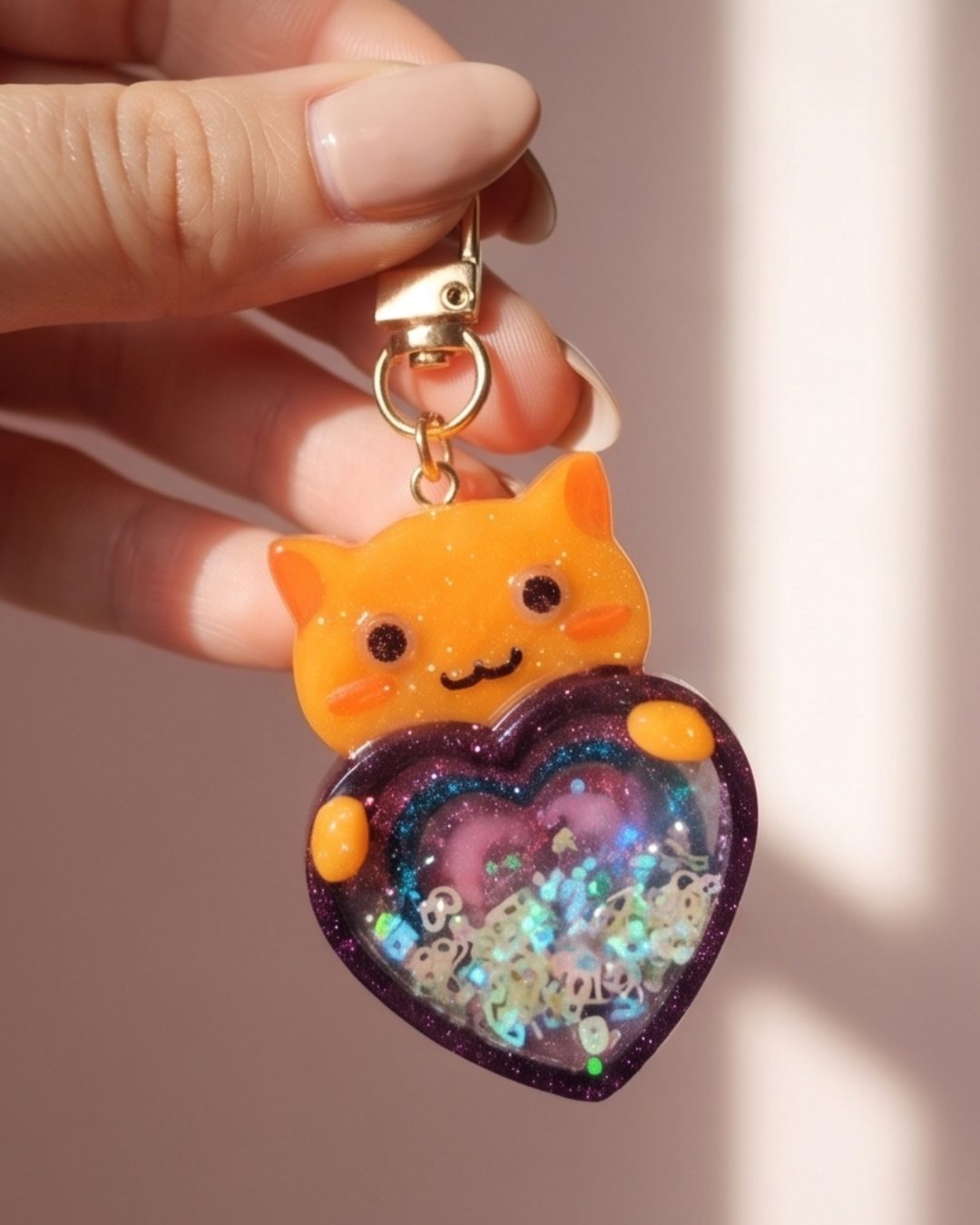 Handmade Cat Resin Shaker Keychain - Purple Multi-Heart Design with Glitter Charm