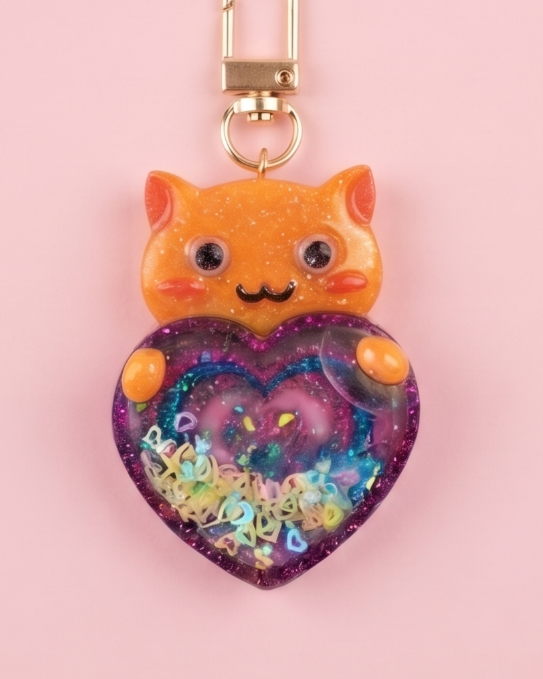 Handmade Cat Resin Shaker Keychain - Purple Multi-Heart Design with Glitter Charm