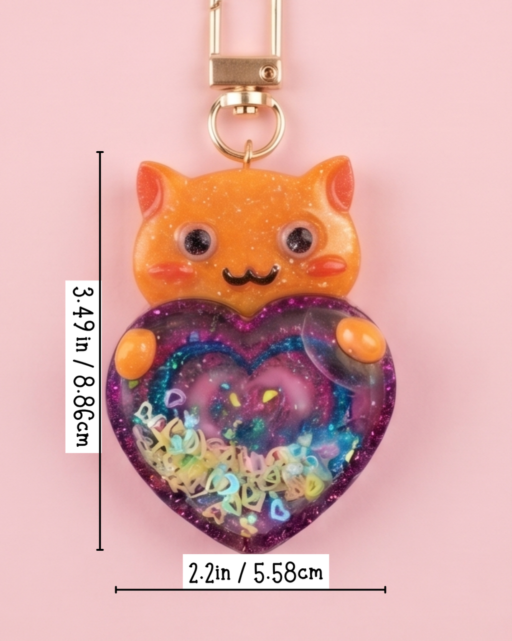 Handmade Cat Resin Shaker Keychain - Purple Multi-Heart Design with Glitter Charm