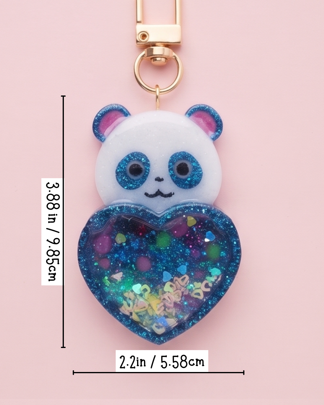 Handmade Panda Resin Shaker Keychain - Teal & White Bear with Multi-Print Heart Charm