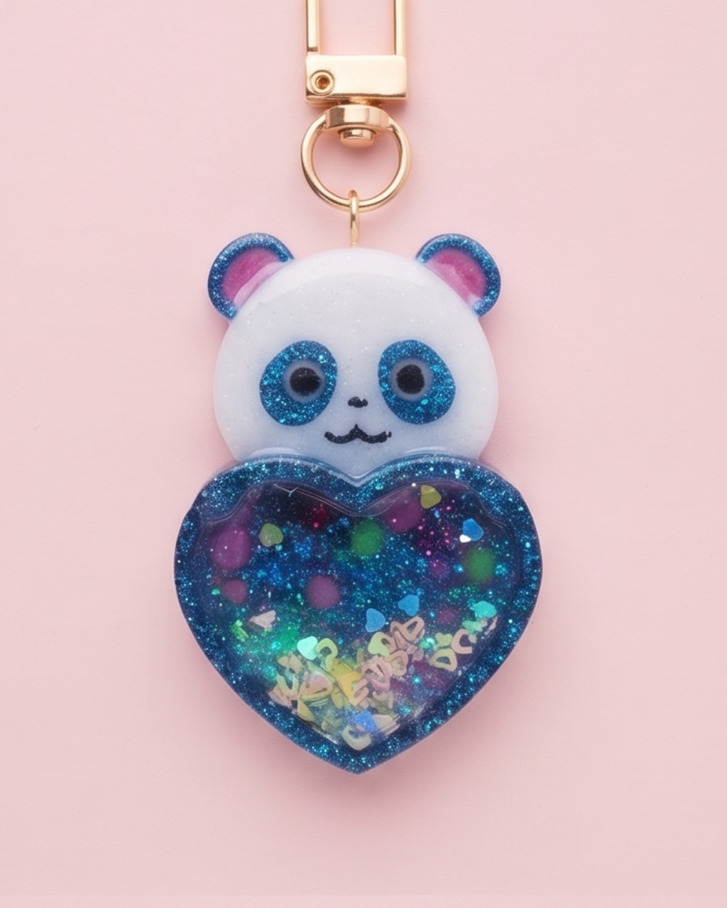 Handmade Panda Resin Shaker Keychain - Teal & White Bear with Multi-Print Heart Charm