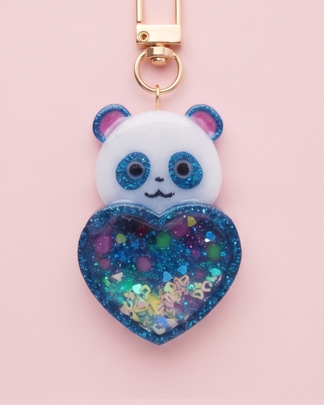 Handmade Panda Resin Shaker Keychain - Teal & White Bear with Multi-Print Heart Charm