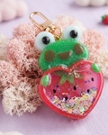 Handmade Frog Resin Shaker Keychain - Pink Strawberry Design with Glitter Charm