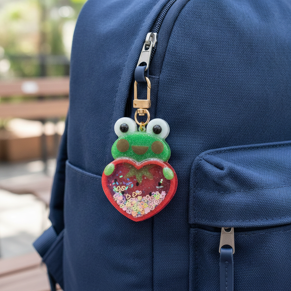 Handmade Frog Resin Shaker Keychain - Pink Strawberry Design with Glitter Charm