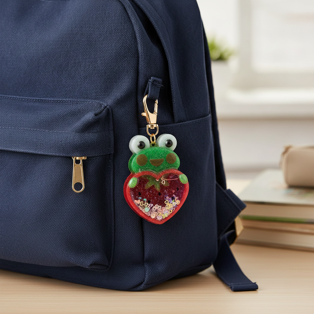 Handmade Frog Resin Shaker Keychain - Pink Strawberry Design with Glitter Charm