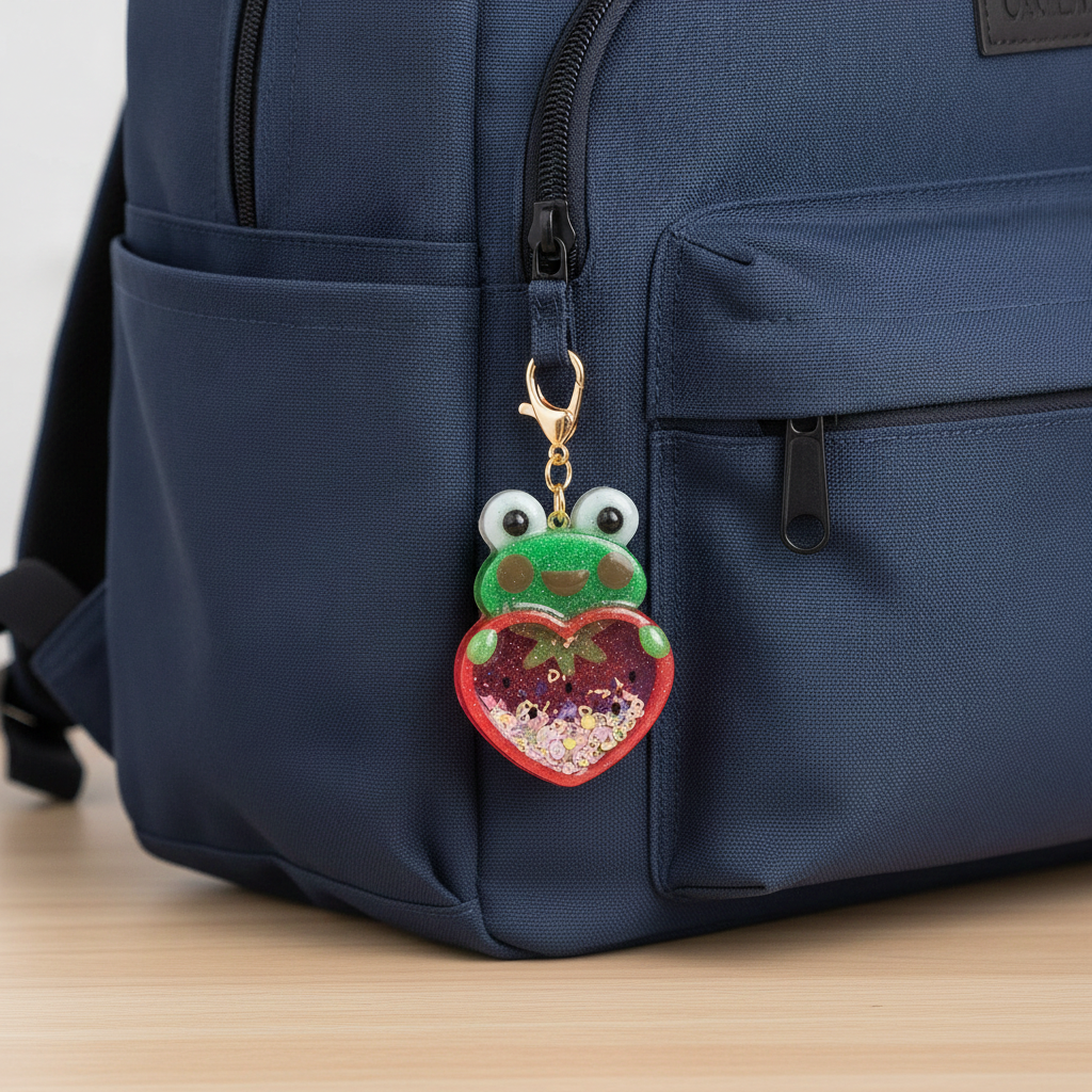Handmade Frog Resin Shaker Keychain - Pink Strawberry Design with Glitter Charm