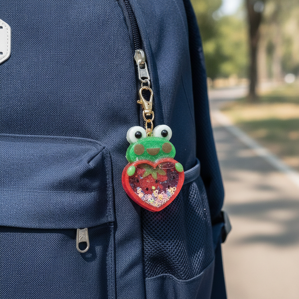 Handmade Frog Resin Shaker Keychain - Pink Strawberry Design with Glitter Charm