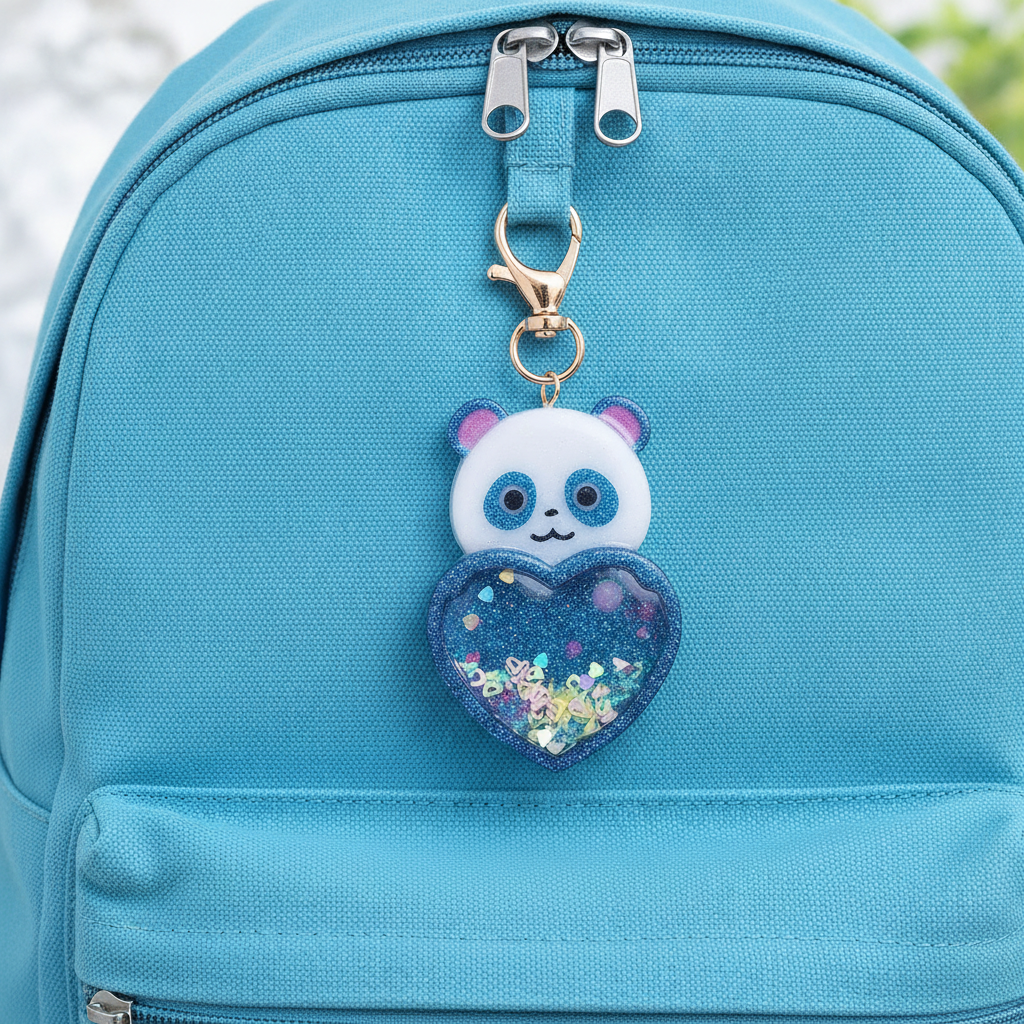Handmade Panda Resin Shaker Keychain - Teal & White Bear with Multi-Print Heart Charm