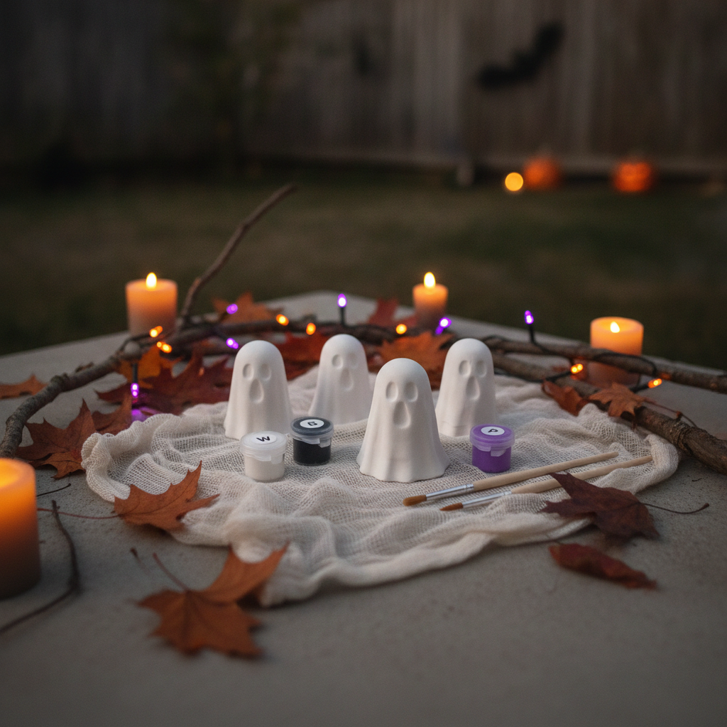 DIY Halloween Paint Kit - 2 Plaster Ghost Figurines with Paint Brushes & Neon Purple Paint