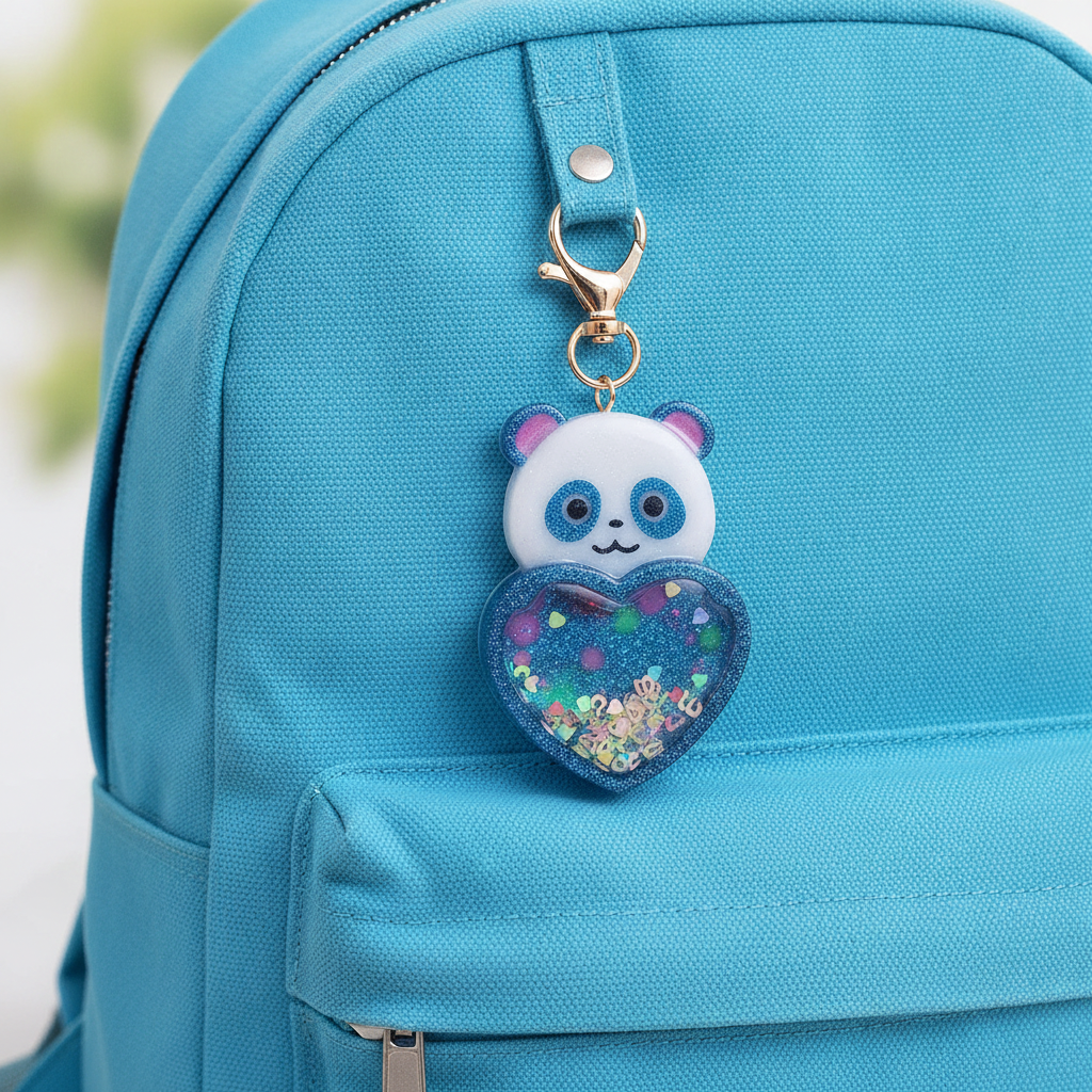 Handmade Panda Resin Shaker Keychain - Teal & White Bear with Multi-Print Heart Charm