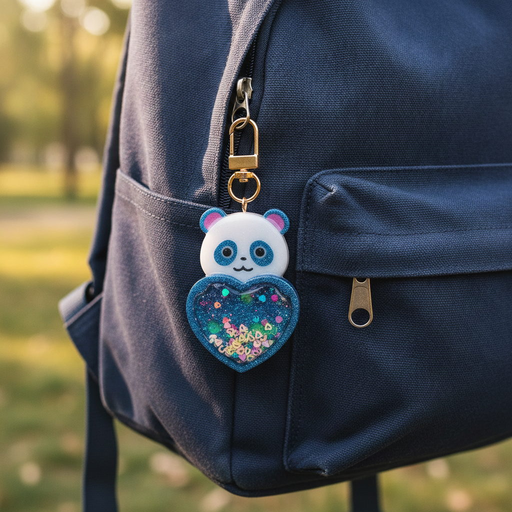 Handmade Panda Resin Shaker Keychain - Teal & White Bear with Multi-Print Heart Charm