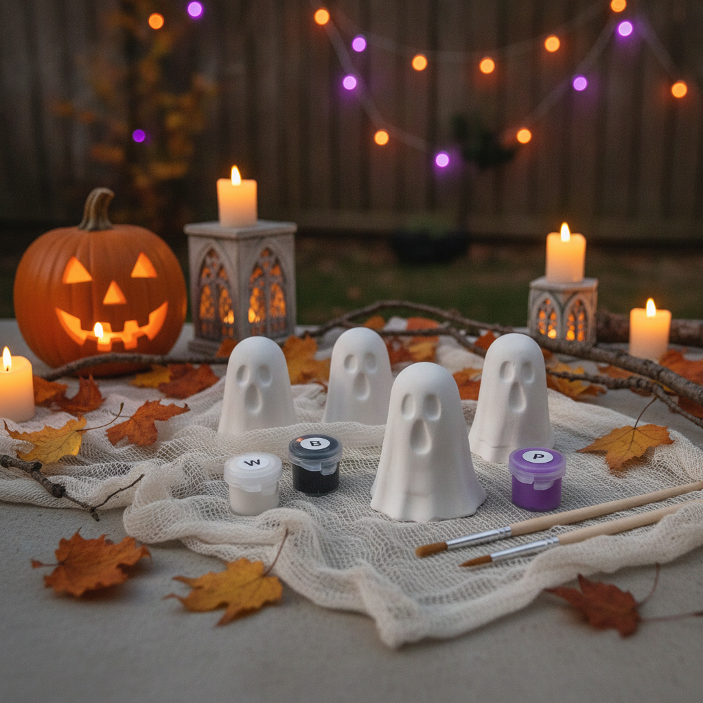 Halloween ghost face painting kit displayed on a tablecloth with a carved pumpkin, candles, autumn leaves, and string lights in the background.