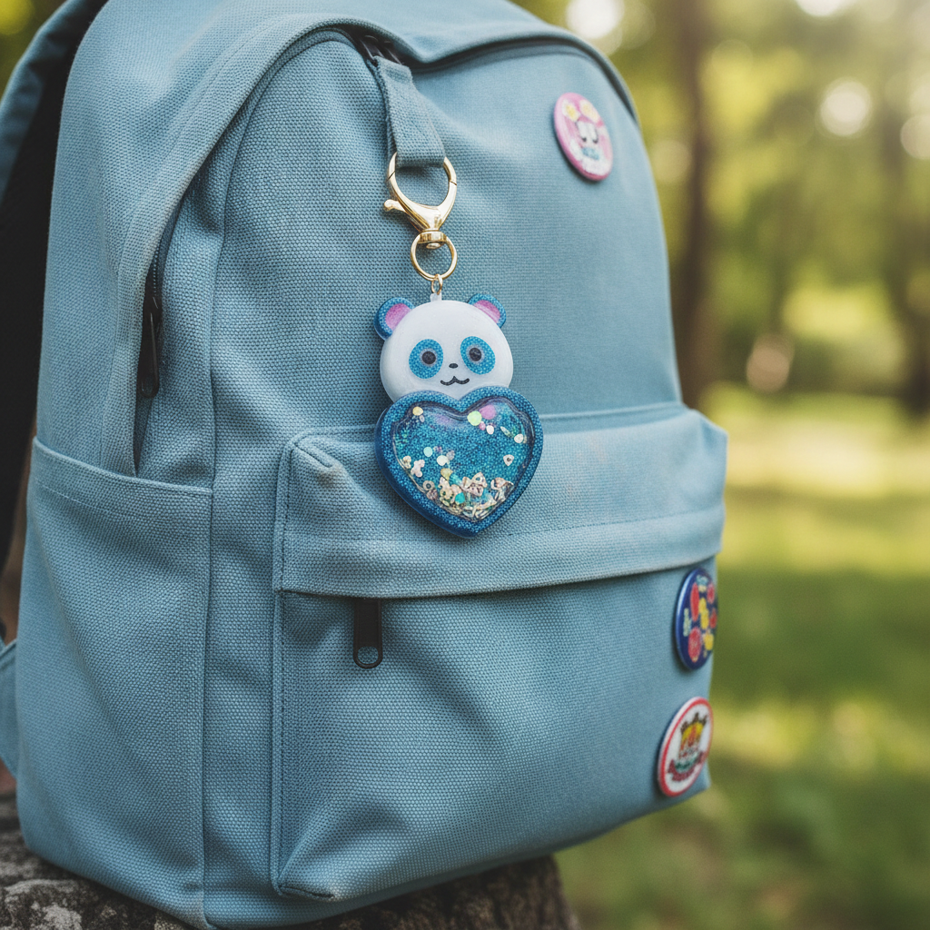 Handmade Panda Resin Shaker Keychain - Teal & White Bear with Multi-Print Heart Charm