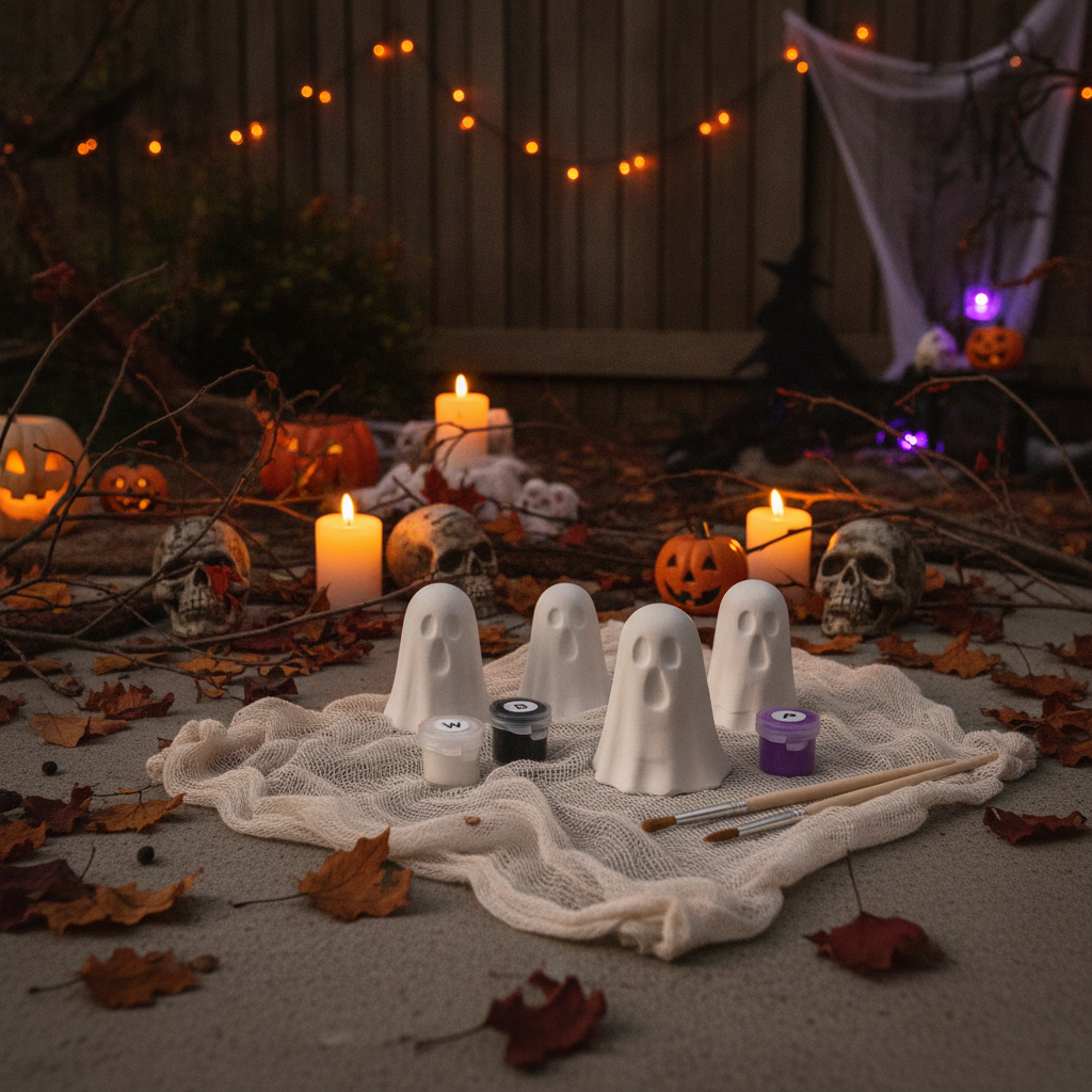 DIY Halloween Paint Kit - 2 Plaster Ghost Figurines with Paint Brushes & Neon Purple Paint