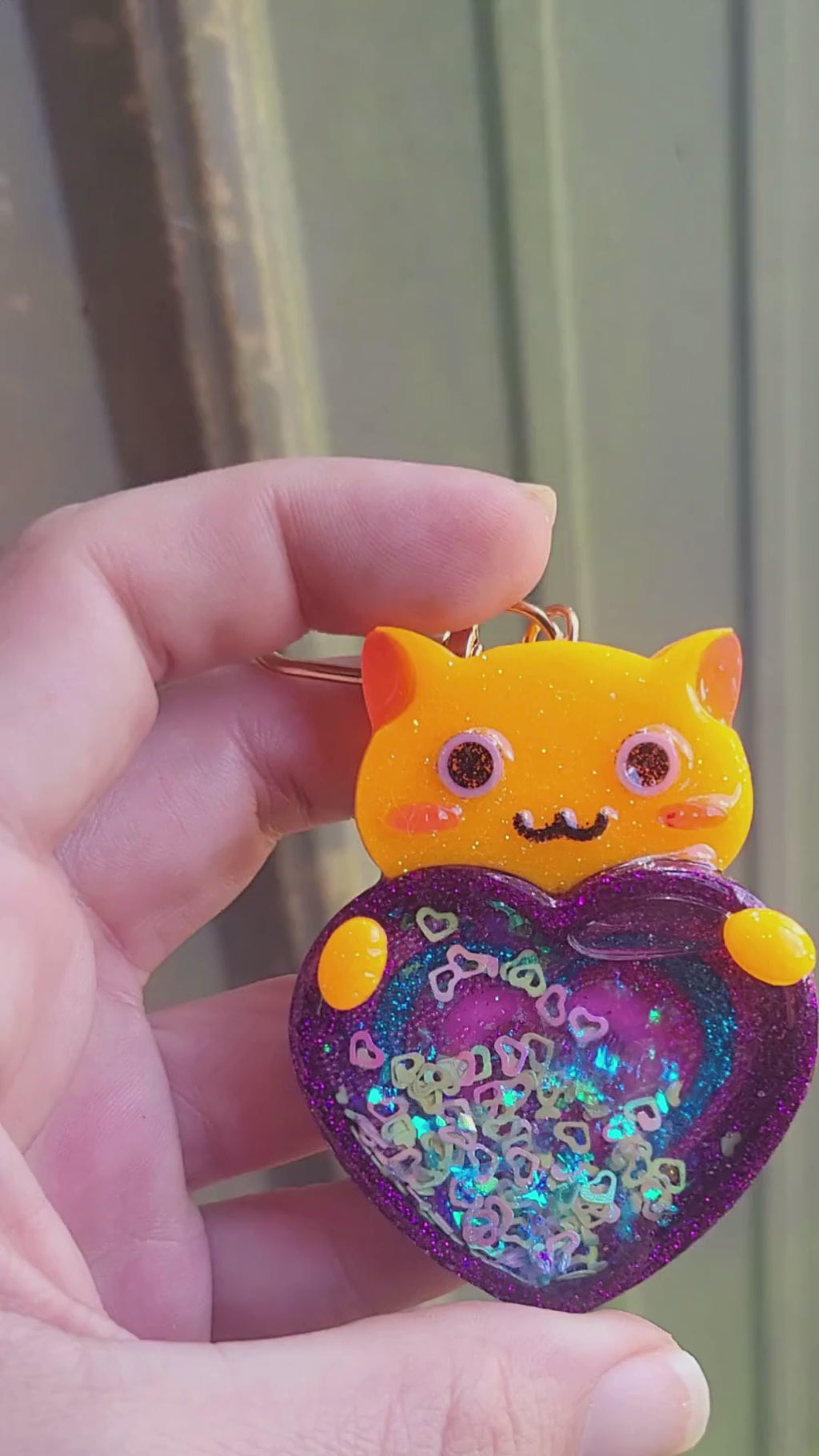 Handmade Cat Resin Shaker Keychain - Purple Multi-Heart Design with Glitter Charm