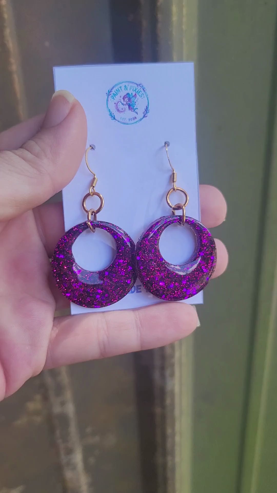 Enchanted Plum Sparkle Resin Hoop Earrings