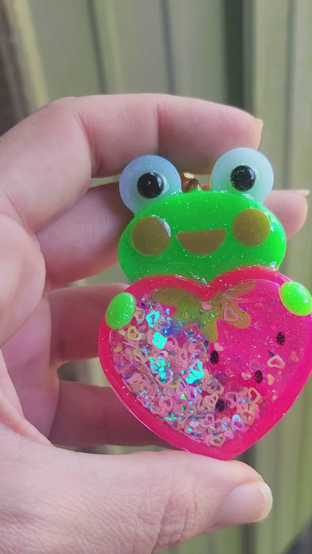 Handmade Frog Resin Shaker Keychain - Pink Strawberry Design with Glitter Charm