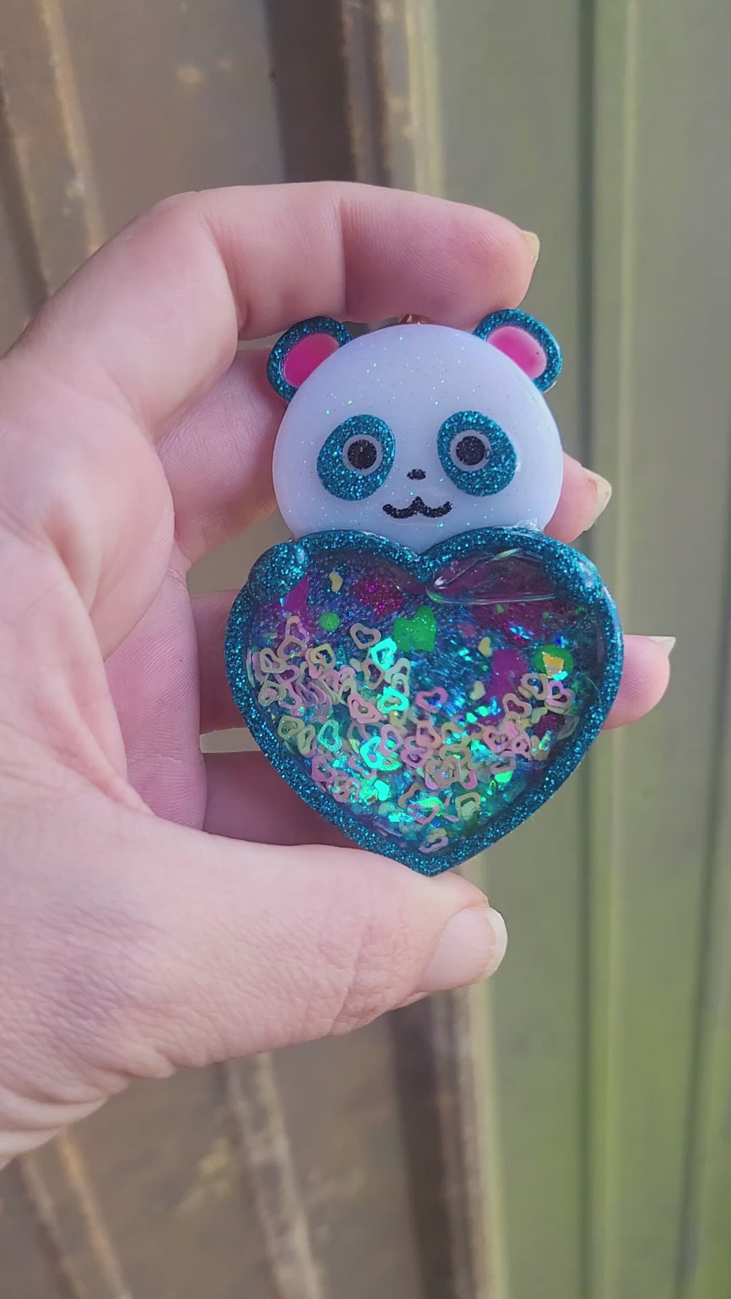 Handmade Panda Resin Shaker Keychain - Teal & White Bear with Multi-Print Heart Charm